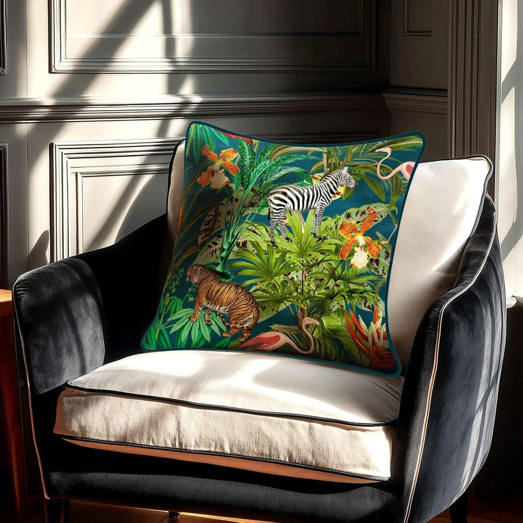 Jungle Fusion | Sustainable Velvet Cushion - Teal 40 x 40 cm Piped by Izabela Peters