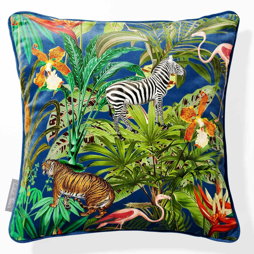 Jungle Fusion | Sustainable Velvet Cushion - Estate Blue 40 x 40 cm Piped by Izabela Peters