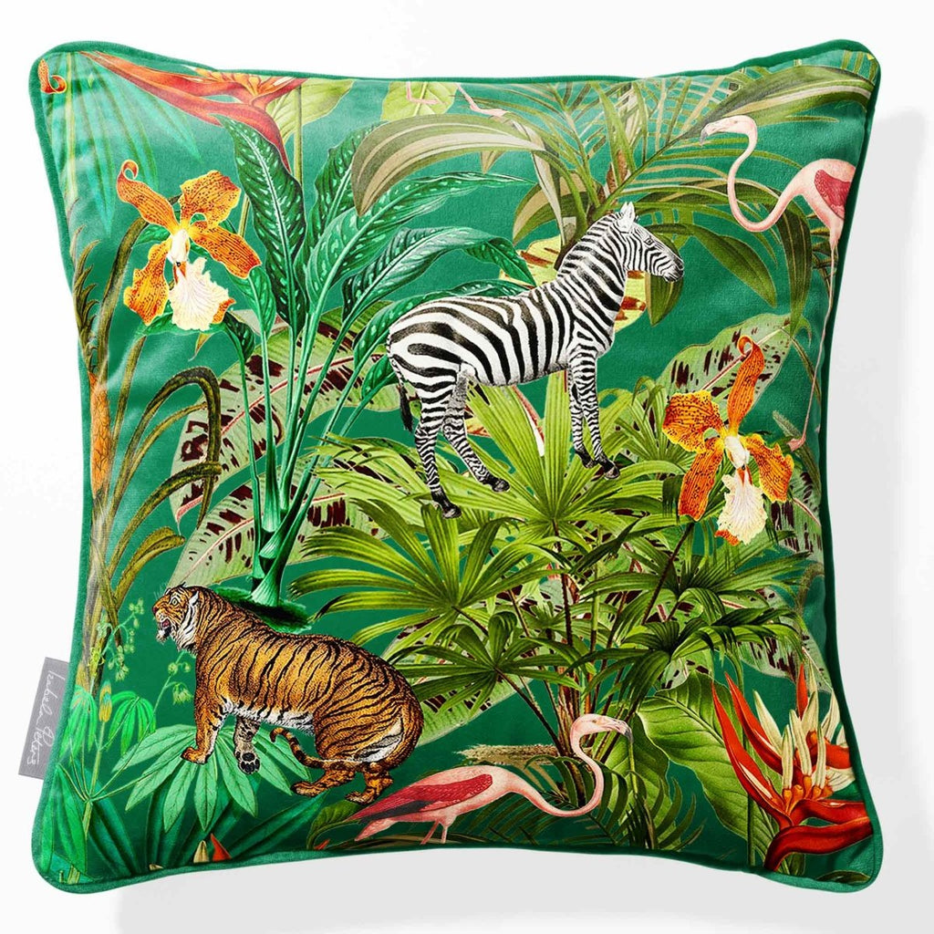 Jungle Fusion | Sustainable Velvet Cushion - Emerald Green 40 x 40 cm Piped by Izabela Peters