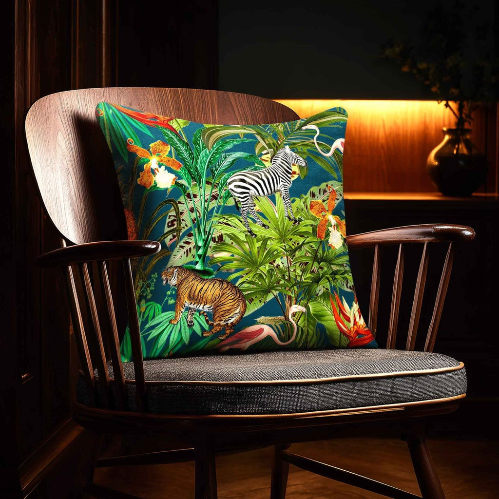 Jungle Fusion | Sustainable Velvet Cushion - Teal 40 x 40 cm Piped by Izabela Peters