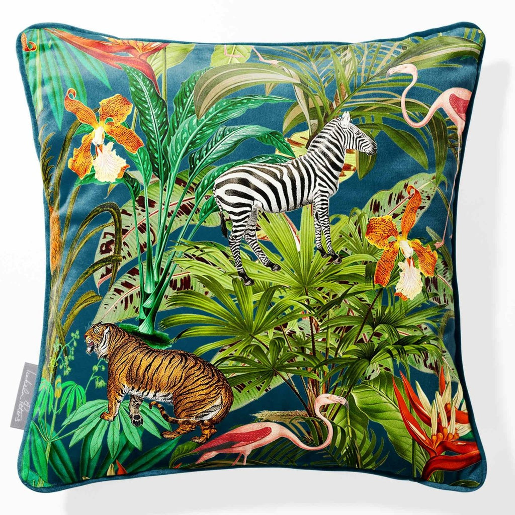 Jungle Fusion | Sustainable Velvet Cushion - Teal 40 x 40 cm Piped by Izabela Peters