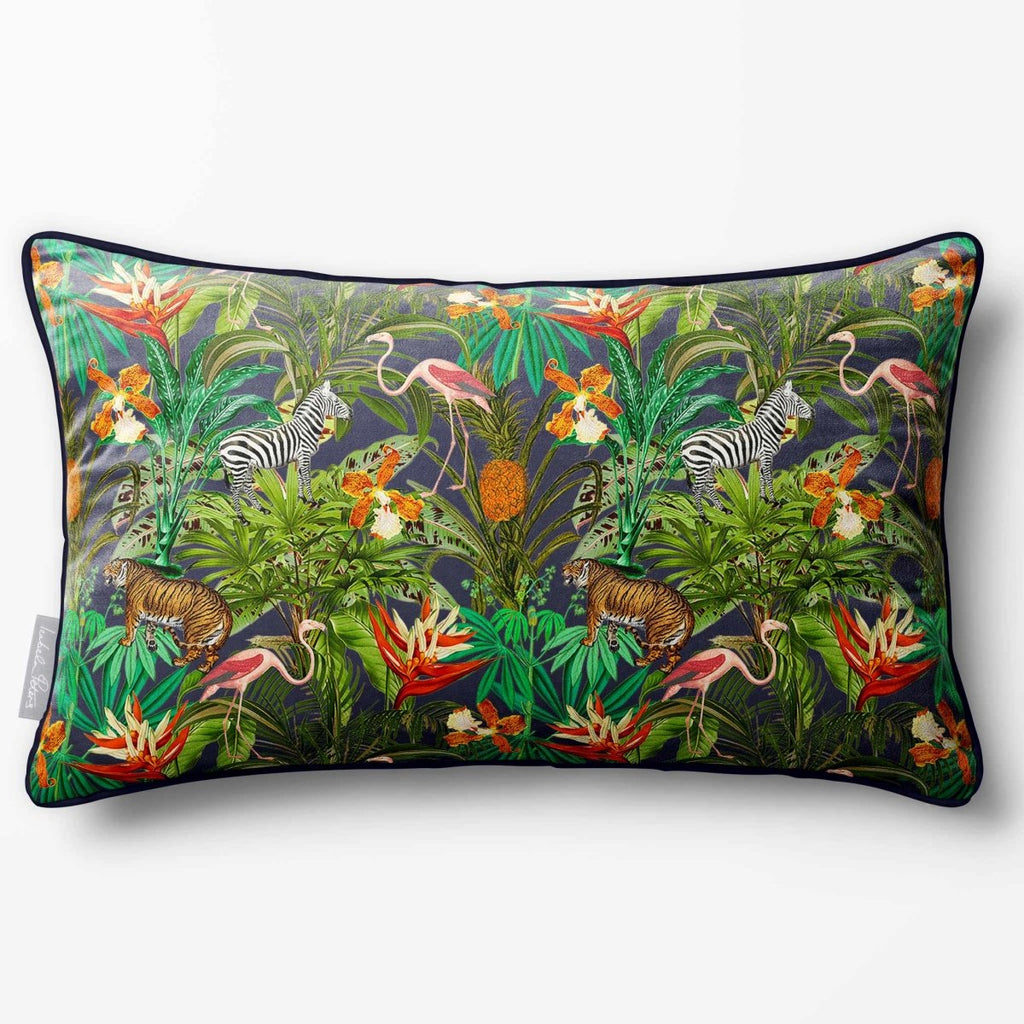 Jungle Fusion | Sustainable Velvet Rectangle Cushion - Graphite 50 x 30 cm Piped by Izabela Peters
