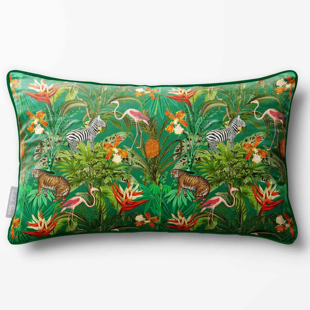 Jungle Fusion | Sustainable Velvet Rectangle Cushion - Emerald Green 50 x 30 cm Piped by Izabela Peters