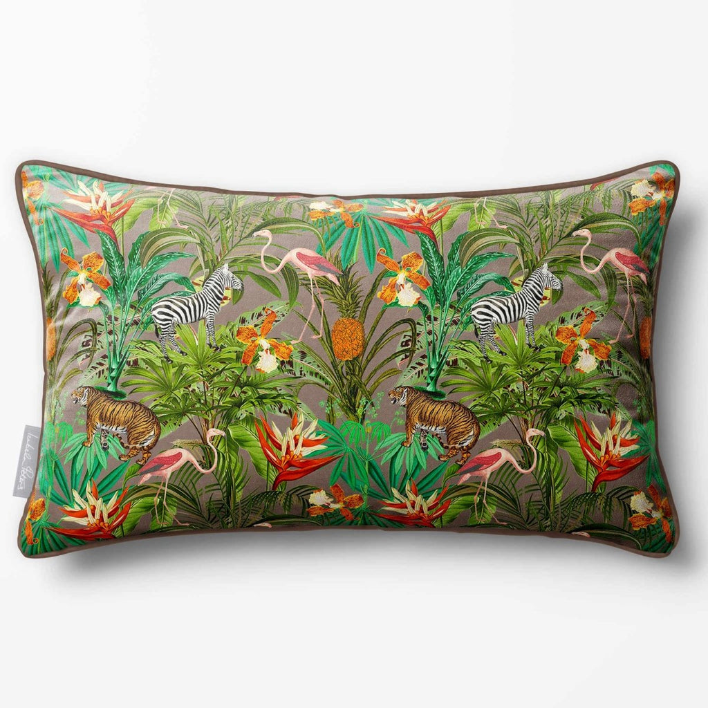 Jungle Fusion | Sustainable Velvet Rectangle Cushion - Dovedale Stone 50 x 30 cm Piped by Izabela Peters