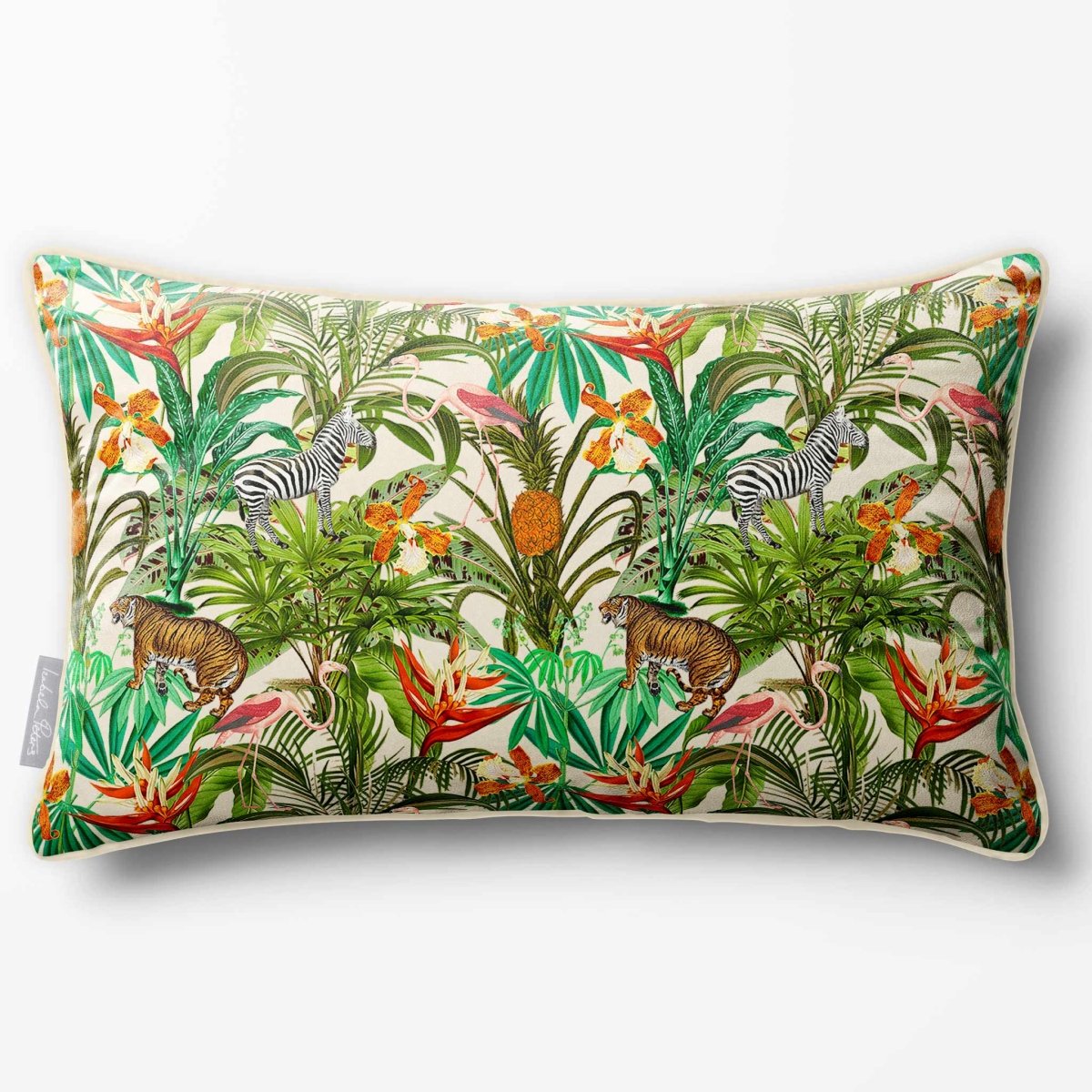 Jungle Fusion | Sustainable Velvet Rectangle Cushion - Ivory Cream 50 x 30 cm Piped by Izabela Peters