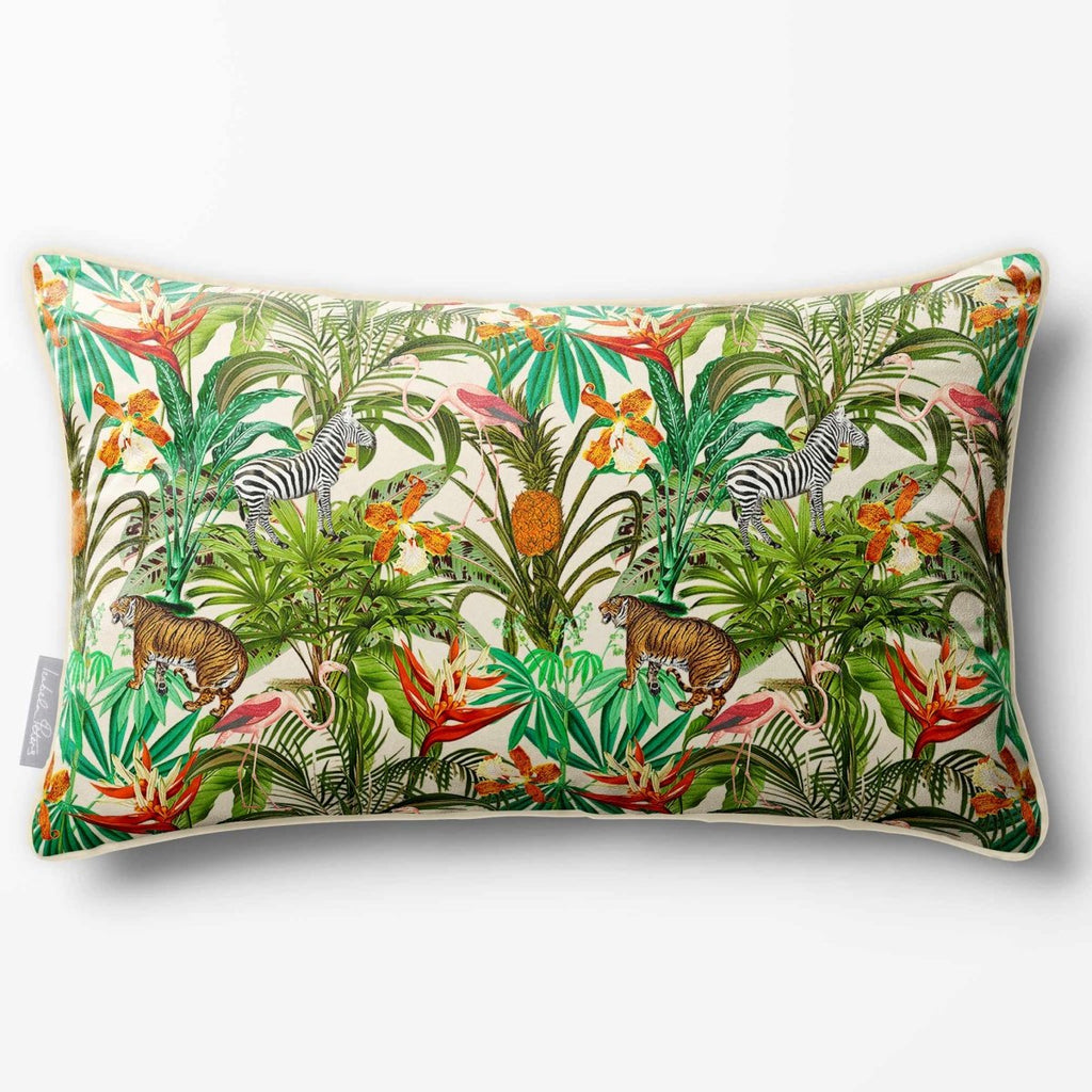 Jungle Fusion | Sustainable Velvet Rectangle Cushion - Ivory Cream 50 x 30 cm Piped by Izabela Peters