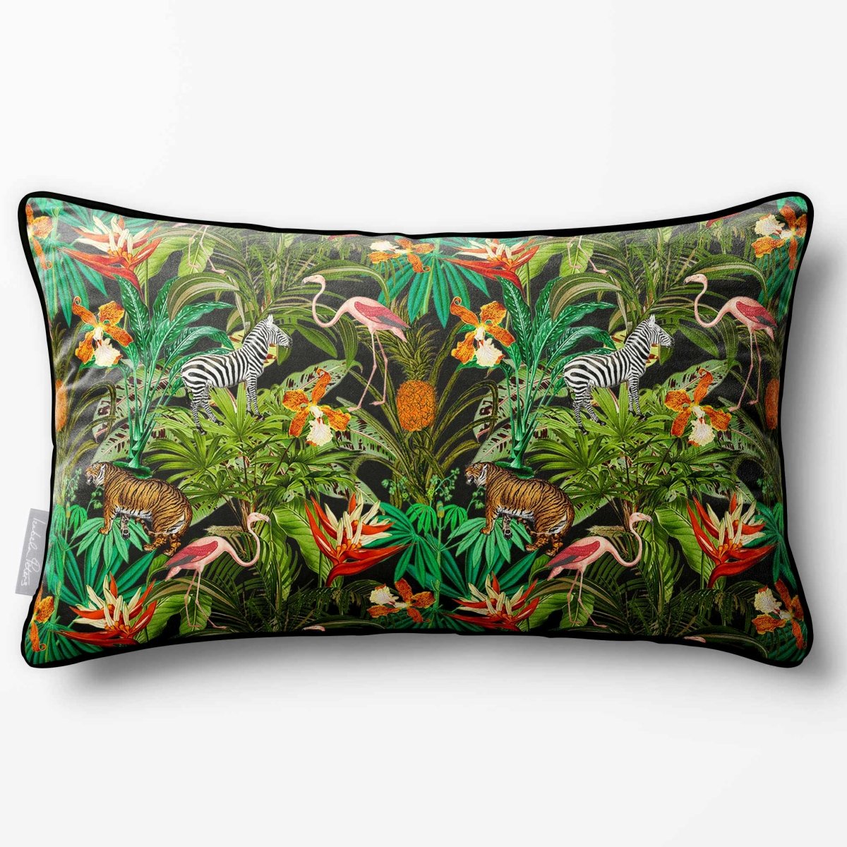 Jungle Fusion | Sustainable Velvet Rectangle Cushion - Charcoal 50 x 30 cm Piped by Izabela Peters