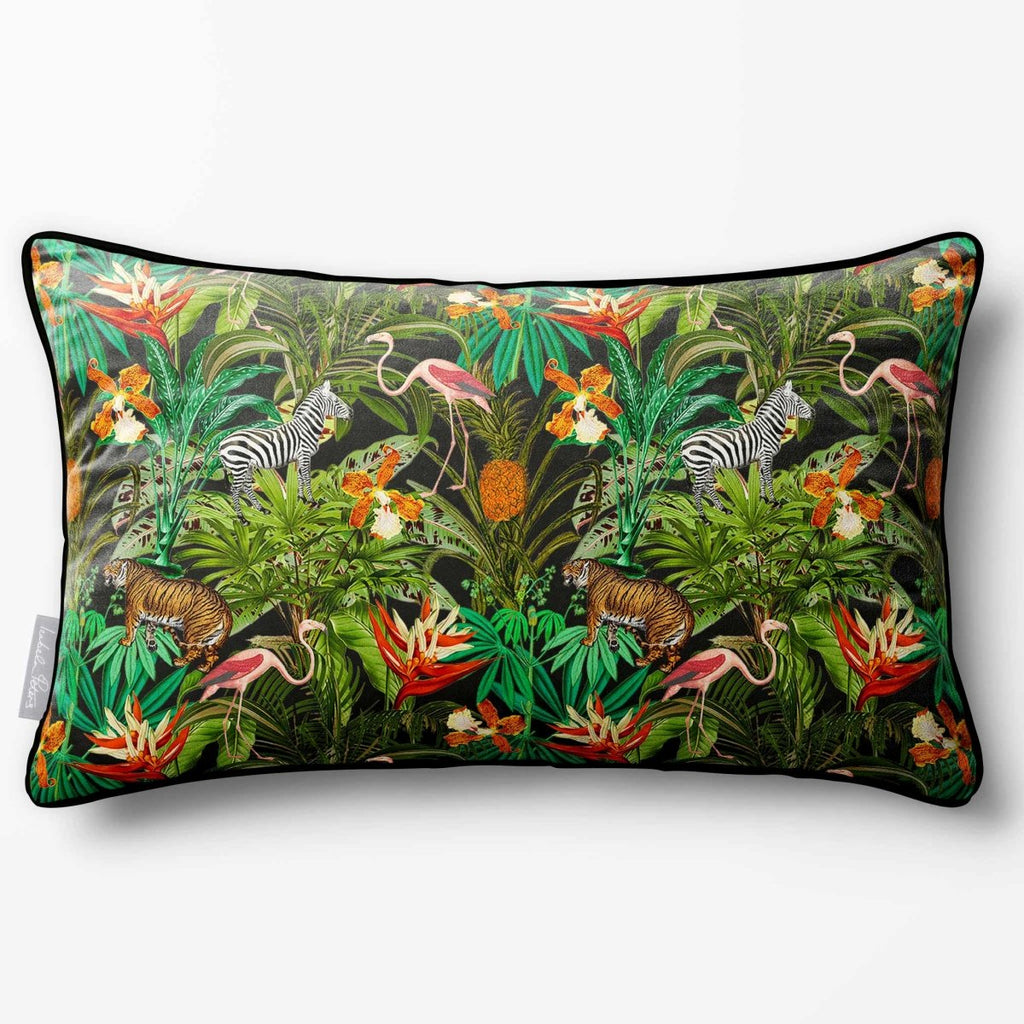 Jungle Fusion | Sustainable Velvet Rectangle Cushion - Charcoal 50 x 30 cm Piped by Izabela Peters