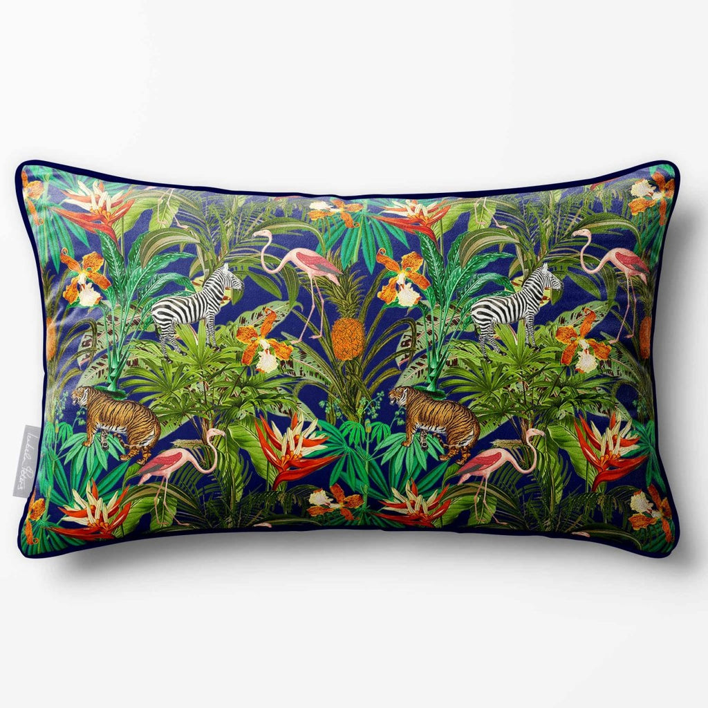 Jungle Fusion | Sustainable Velvet Rectangle Cushion - Midnight 50 x 30 cm Piped by Izabela Peters