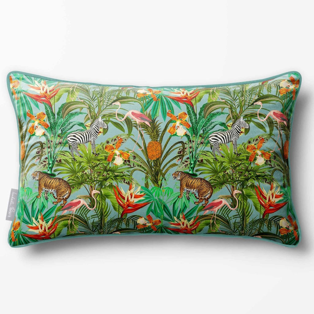 Jungle Fusion | Sustainable Velvet Rectangle Cushion - Blue Surf 50 x 30 cm Piped by Izabela Peters