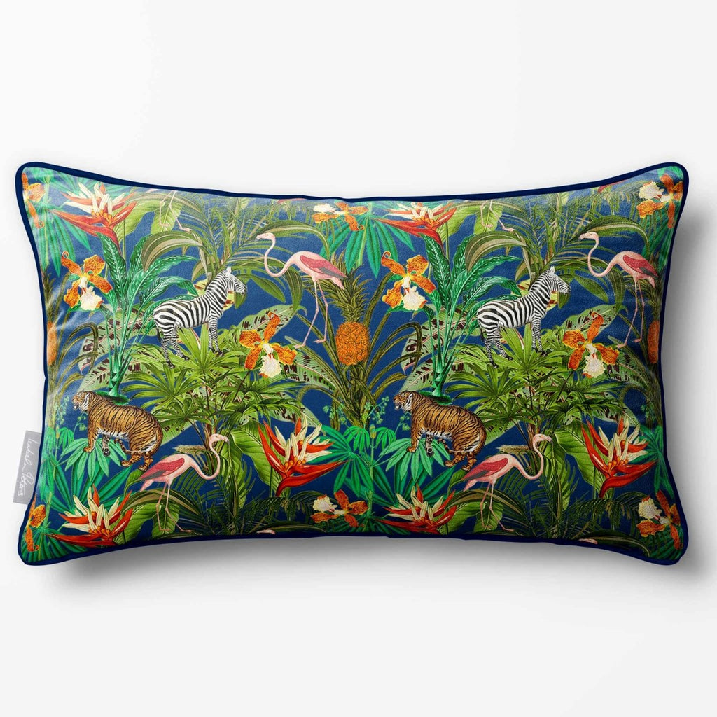 Jungle Fusion | Sustainable Velvet Rectangle Cushion - Estate Blue 50 x 30 cm Piped by Izabela Peters