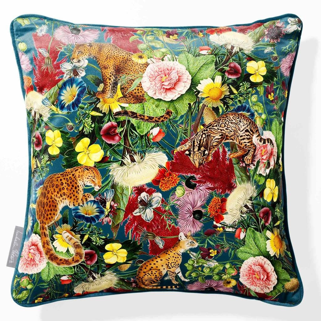 Junglescape | Sustainable Velvet Cushion - Teal 40 x 40 cm Piped by Izabela Peters