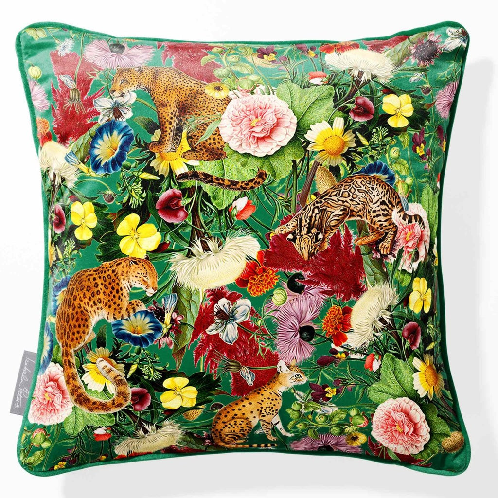 Junglescape | Sustainable Velvet Cushion - Emerald Green 40 x 40 cm Piped by Izabela Peters
