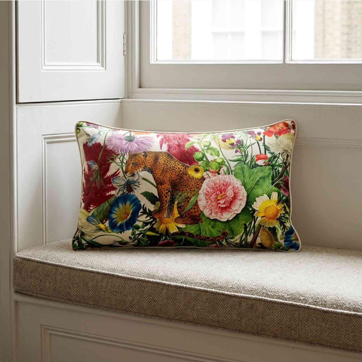 Junglescape | Sustainable Velvet Rectangle Cushion - Ivory Cream 50 x 30 cm Piped by Izabela Peters