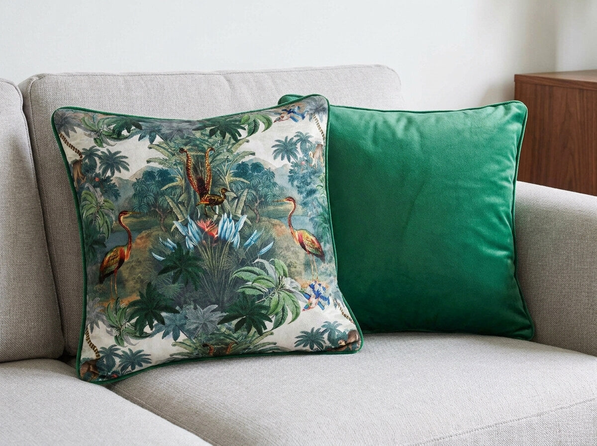 Kilimanjaro patterned velvet cushion paired with an Emerald Green velvet cushion, both with green piping, on a pale grey sofa.