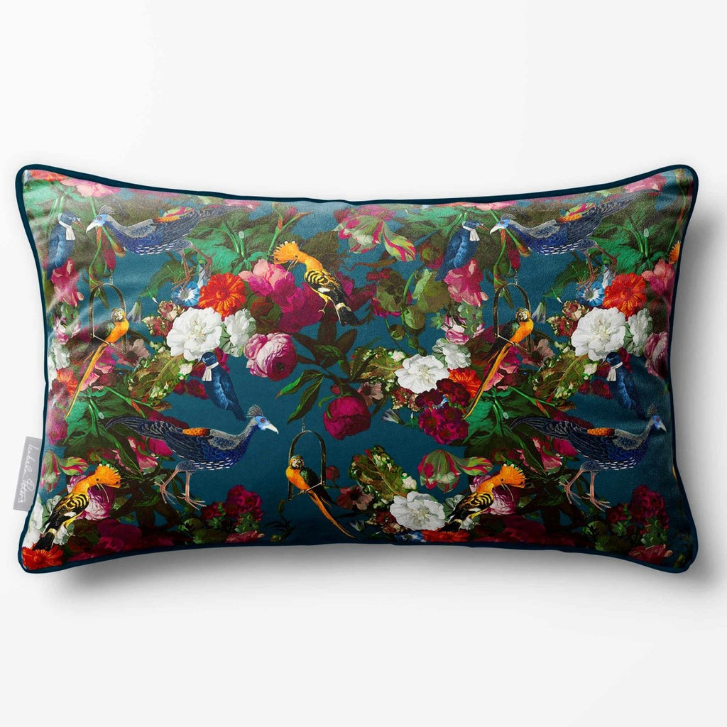 Manor House Garden | Sustainable Velvet Rectangle Cushion - Teal 50 x 30 cm Piped by Izabela Peters