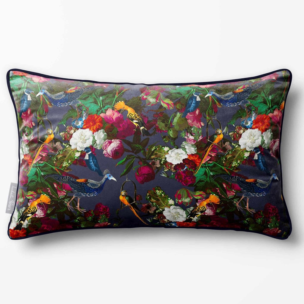 Manor House Garden | Sustainable Velvet Rectangle Cushion - Graphite 50 x 30 cm Piped by Izabela Peters
