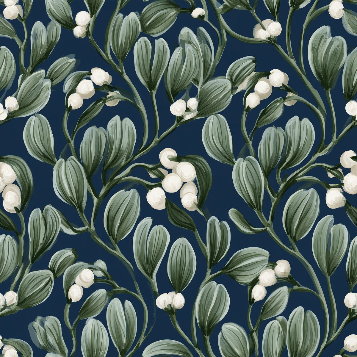 Mistletoe Christmas print: mistletoe and white berries on navy
