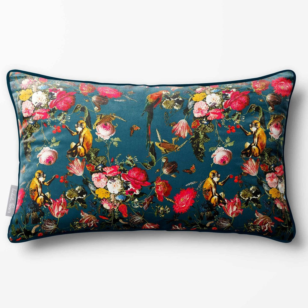 Monkey Puzzle | Sustainable Velvet Rectangle Cushion - Teal 50 x 30 cm Piped by Izabela Peters