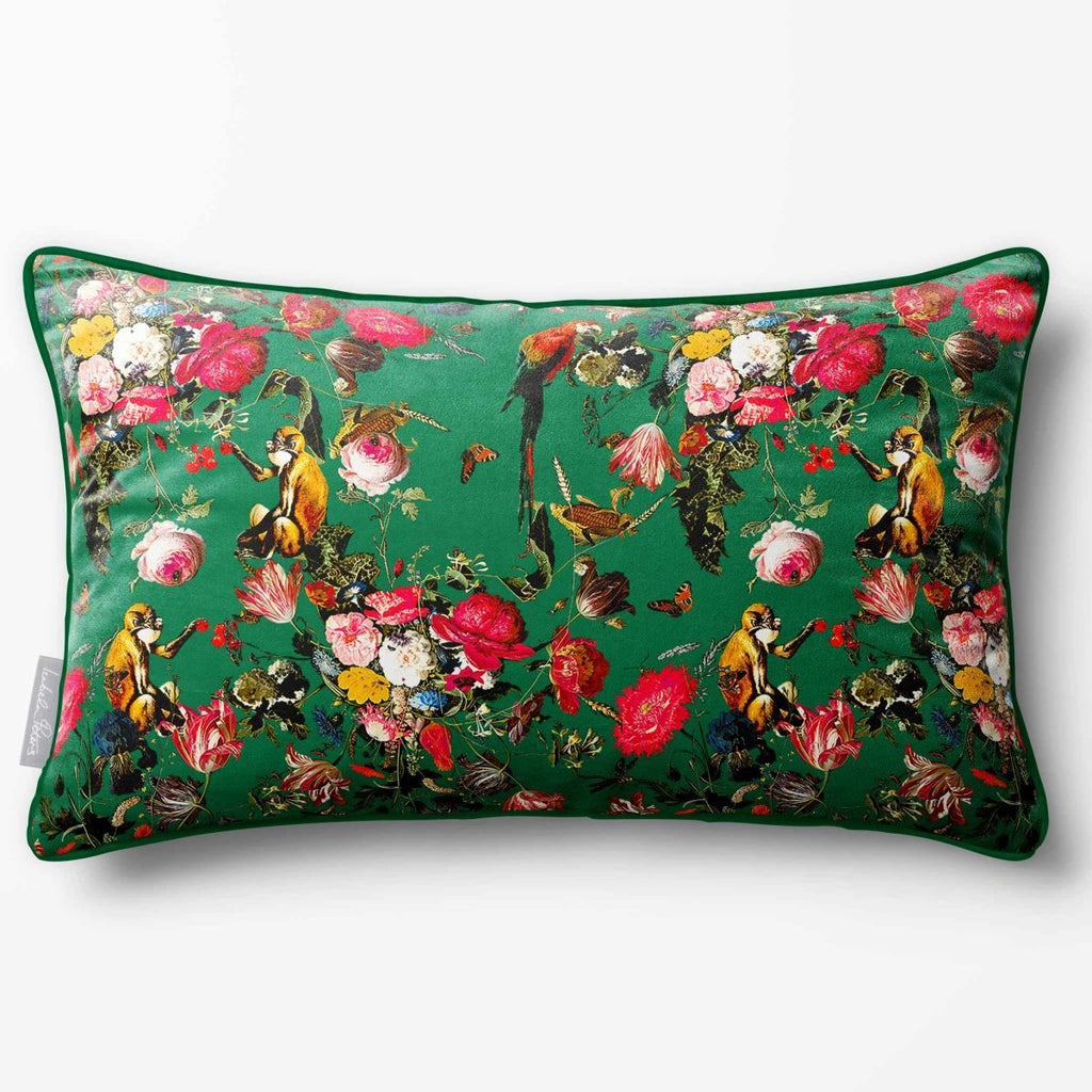 Monkey Puzzle | Sustainable Velvet Rectangle Cushion - Emerald Green 50 x 30 cm Piped by Izabela Peters