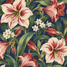 Close-up of the navy Amaryllis Christmas napkin print on cotton, showing amaryllis flowers among long leaves