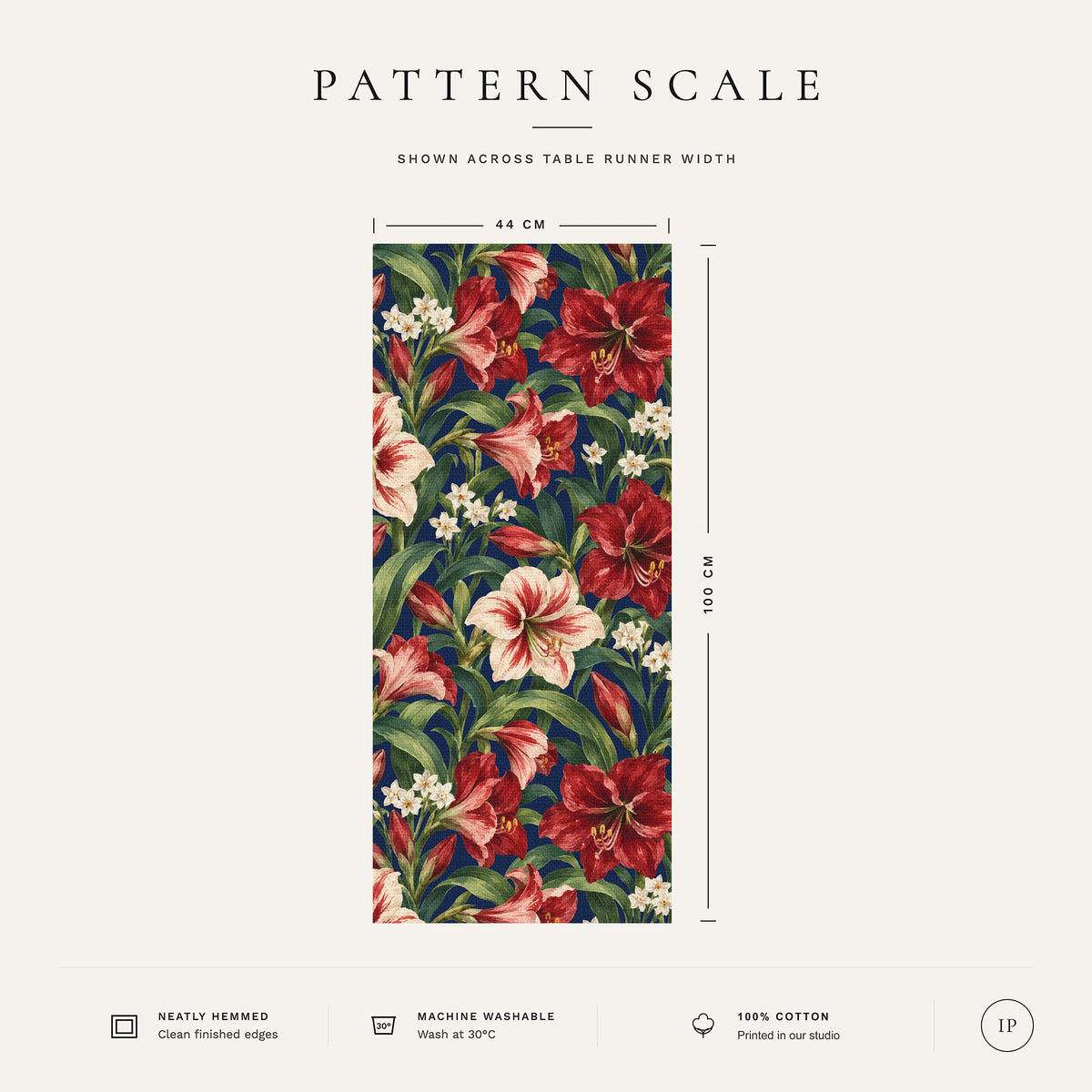 Pattern scale of the Amaryllis Christmas table runner in navy across its 44 cm width, with care notes
