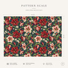 Pattern scale of the Amaryllis Christmas tablecloth in navy across its 144 cm width, with care notes