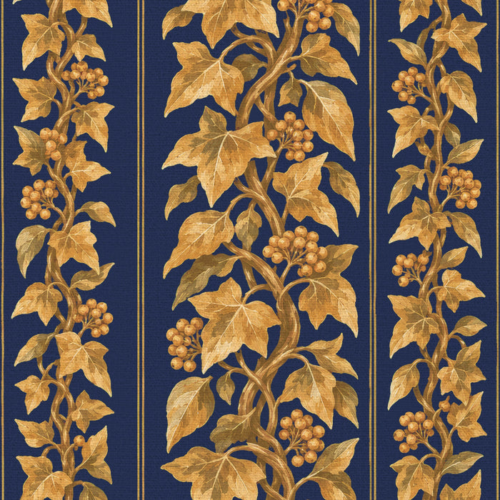 Close-up of the Gilded Ivy Christmas napkin print in navy and gold on cotton, showing trails of gold ivy and berries