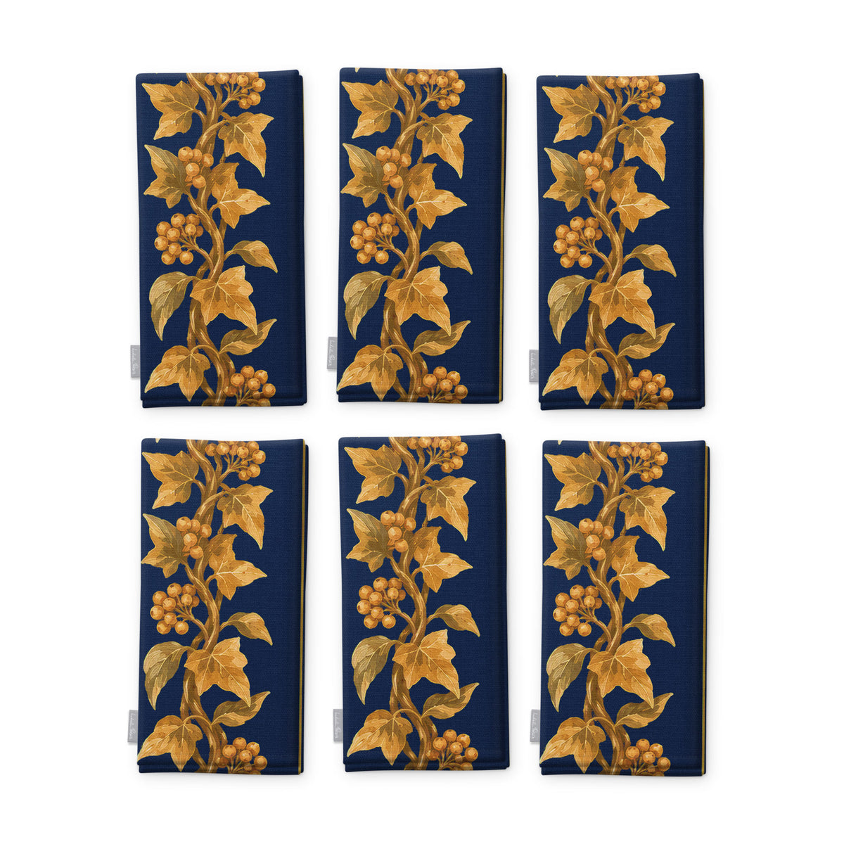 Gilded Ivy Christmas napkins in navy and gold, set of six folded napkins showing the same trail of gold ivy and berries