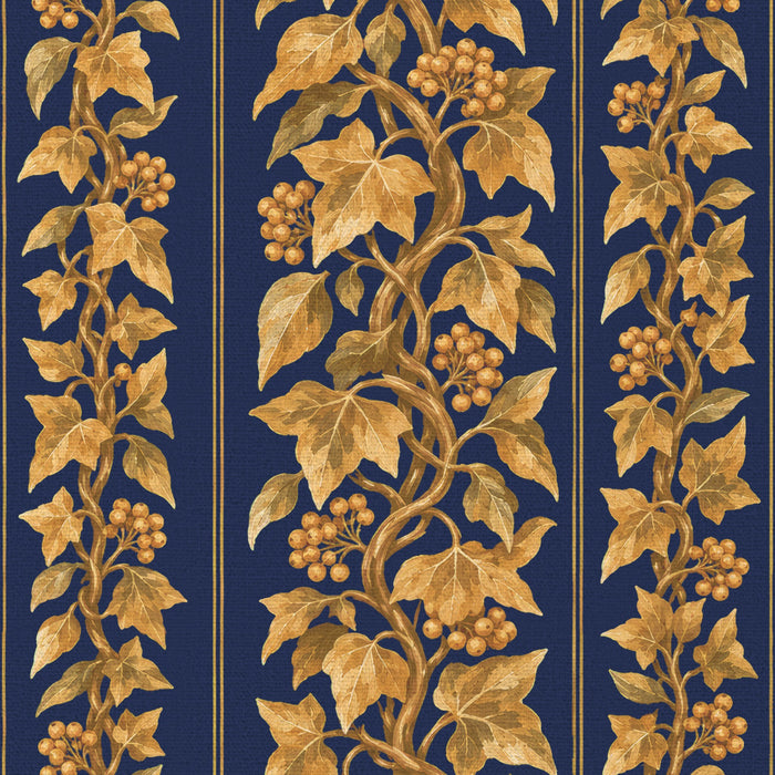 Close-up of the Gilded Ivy Christmas table runner print in navy and gold on cotton, showing trails of gold ivy and berries
