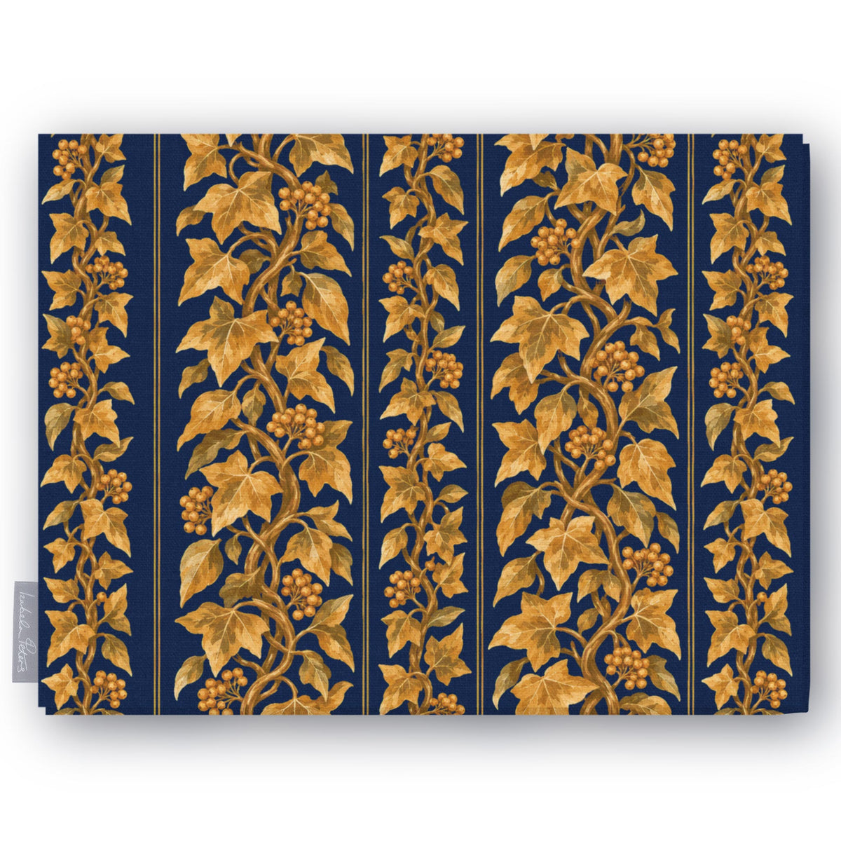 Gilded Ivy Christmas tablecloth in navy and gold, folded on white, showing trails of gold ivy and berries
