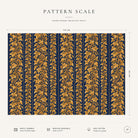 Pattern scale of the Gilded Ivy Christmas tablecloth in navy and gold across its 144 cm width, with care notes
