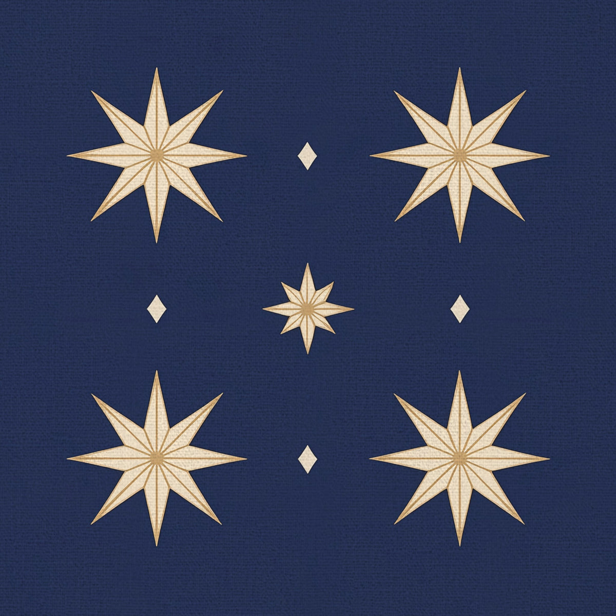 Close-up of the Stars Christmas napkin print in navy and gold on cotton, showing gold eight-pointed stars