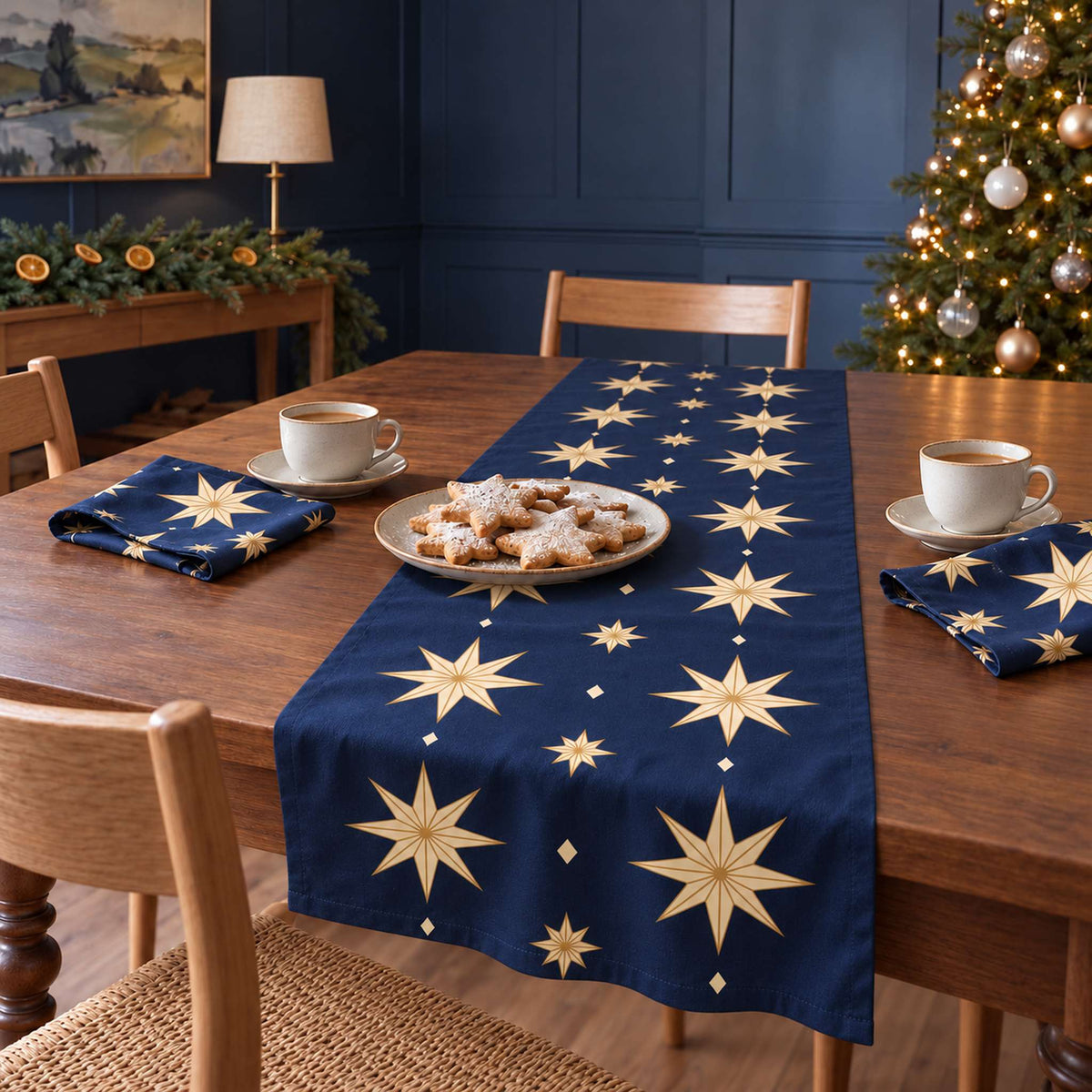 Stars Christmas table runner in Navy and gold, styled on a wooden table with a softly draped end in a daylight Christmas room.