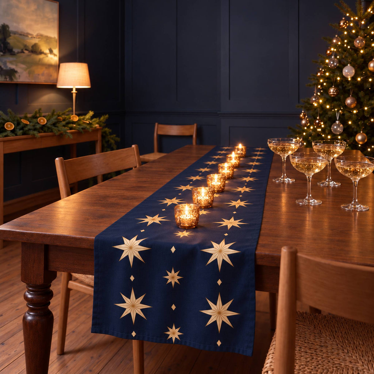 Stars Christmas table runner in Navy and gold, styled on a wooden table with a softly draped end in a candlelit Christmas room.