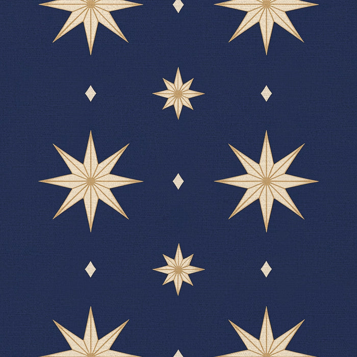 Close-up of the Stars Christmas table runner print in navy and gold on cotton, showing large gold eight-pointed stars