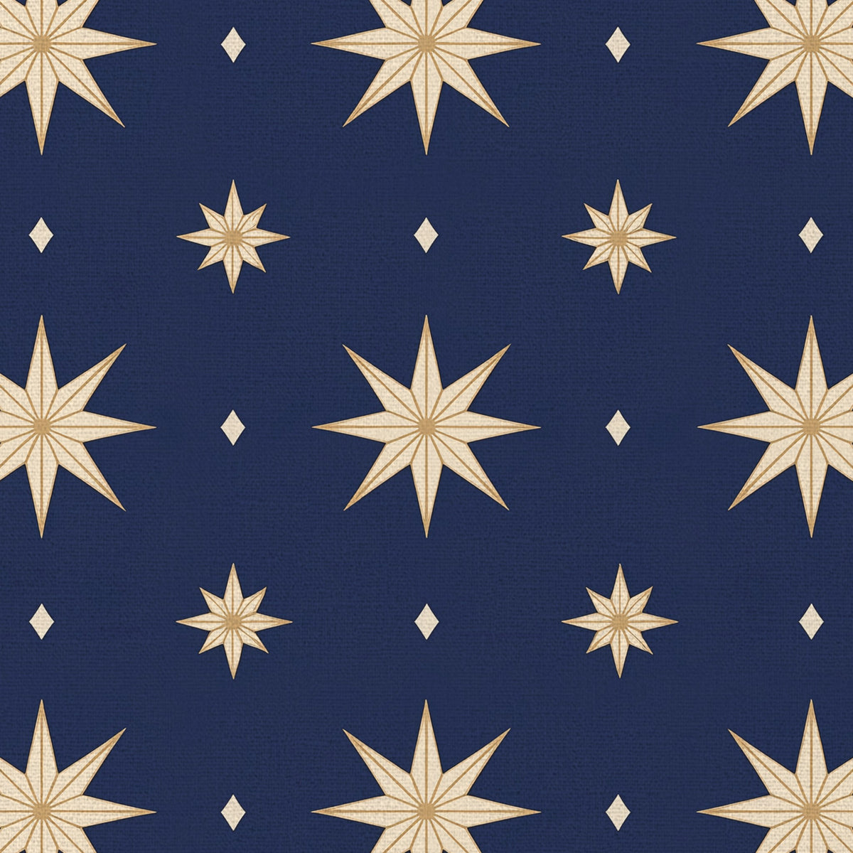 Close-up of the Stars Christmas tablecloth print in navy and gold on cotton, showing gold eight-pointed stars