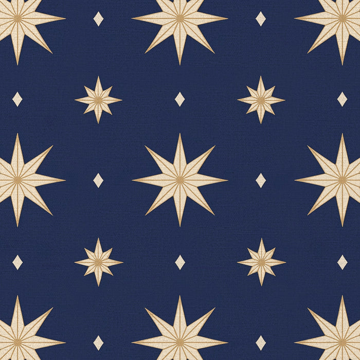 Close-up of the Stars Christmas tablecloth print in navy and gold on cotton, showing gold eight-pointed stars