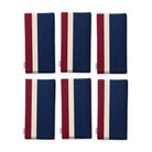 Signature Stripe Christmas napkins in navy, burgundy and gold, set of six, folded on white, showing the same broad stripes