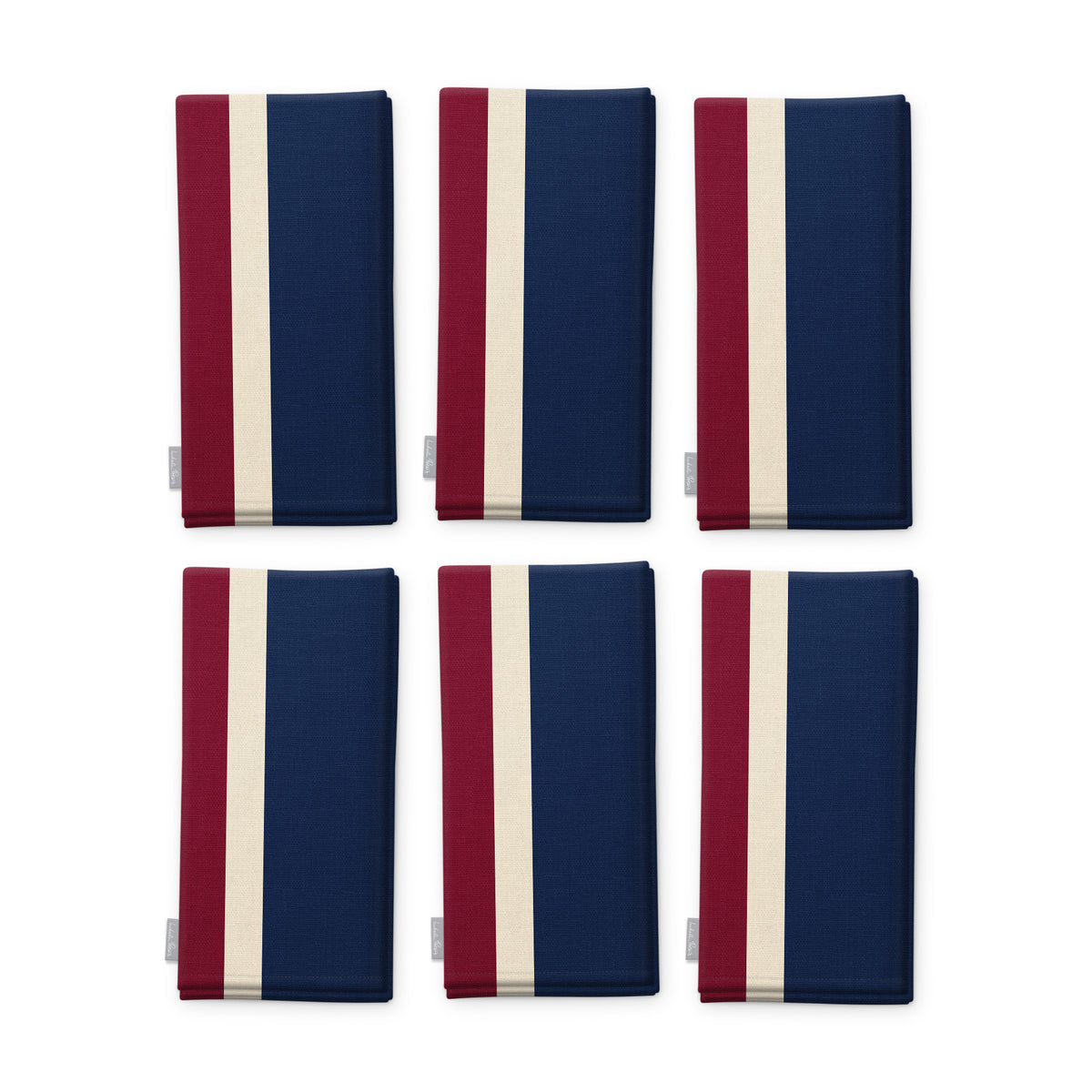 Signature Stripe Christmas napkins in navy, burgundy and gold, set of six, folded on white, showing the same broad stripes