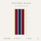 Pattern scale of the Signature Stripe table runner in navy, burgundy and gold across its 44 cm width, with care notes