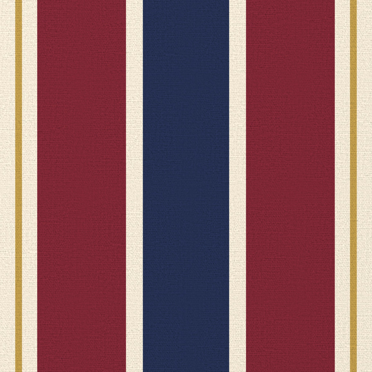 Close-up of the Signature Stripe Christmas table runner print in navy, burgundy and gold on cotton, showing broad stripes