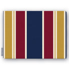 Signature Stripe Christmas tablecloth in navy, burgundy and gold, folded on white, showing broad stripes