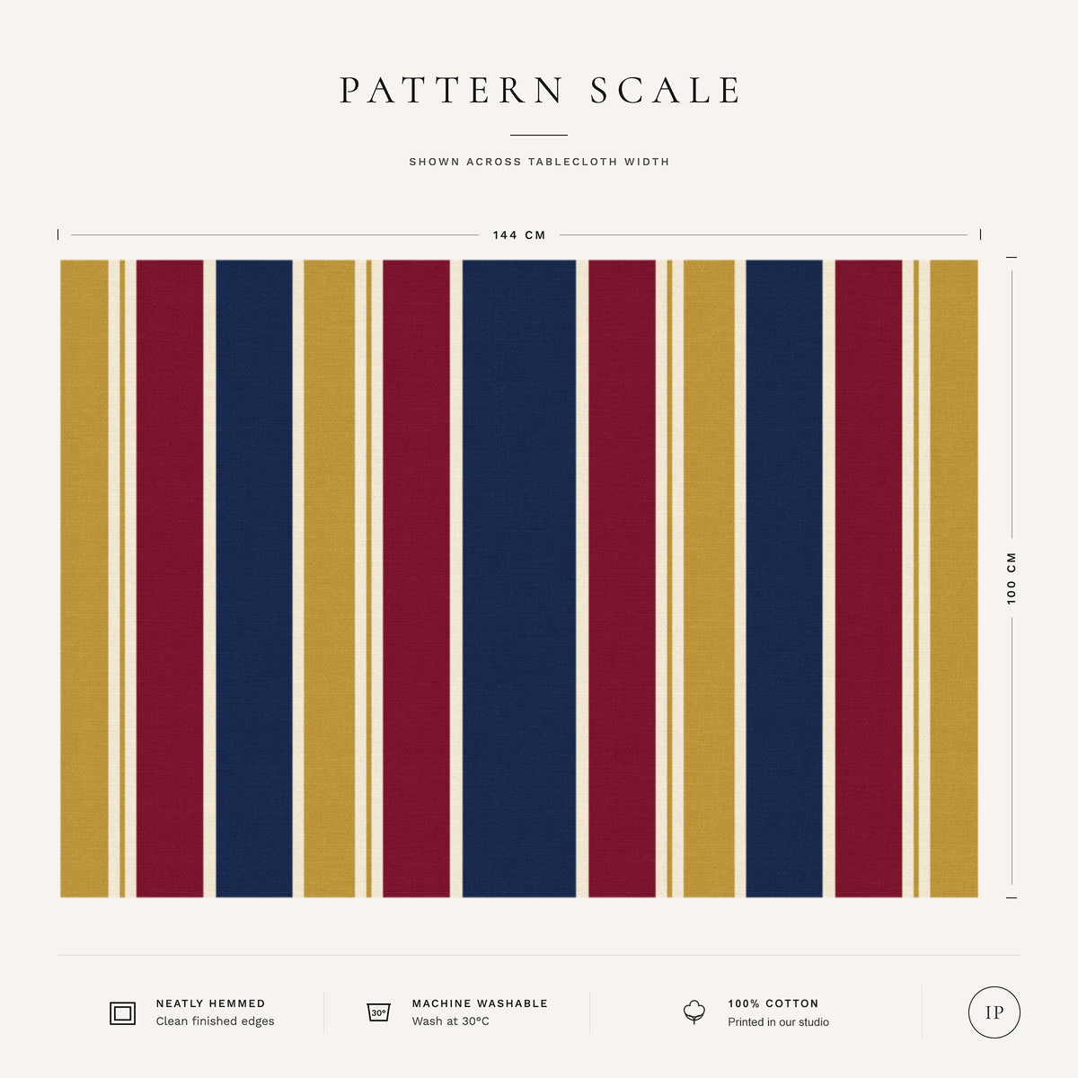 Pattern scale of the Signature Stripe tablecloth in navy, burgundy and gold across its 144 cm width, with care notes