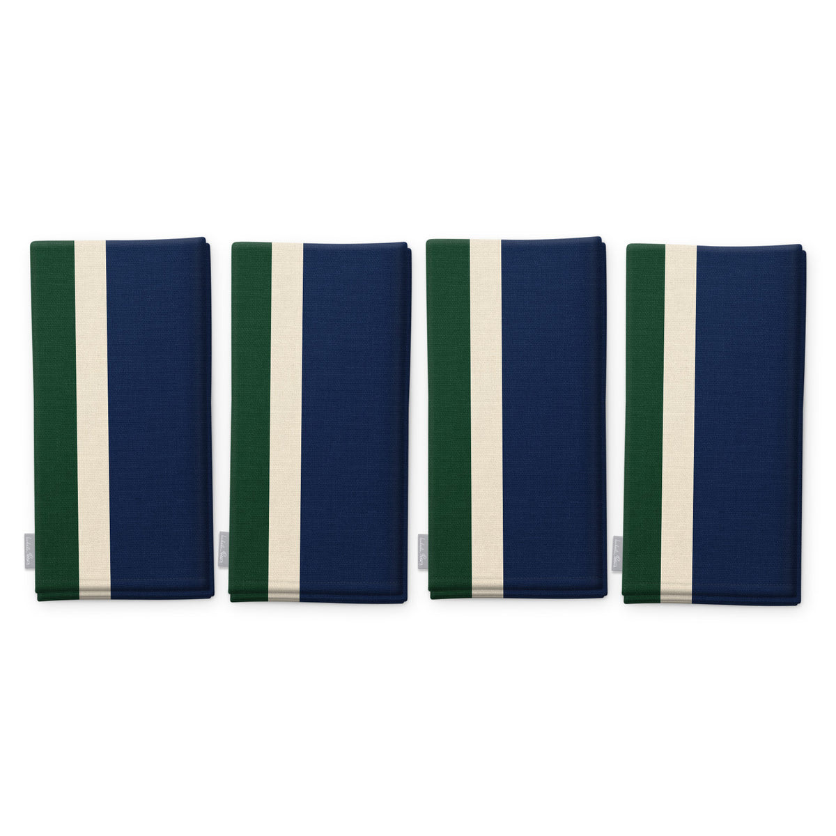 Signature Stripe Christmas napkins in navy, green and burgundy, set of four, folded on white, showing the same broad stripes
