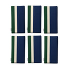 Signature Stripe Christmas napkins in navy, green and burgundy, set of six, folded on white, showing the same broad stripes