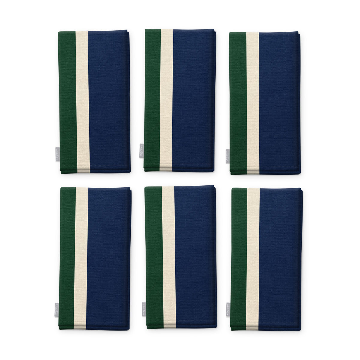 Signature Stripe Christmas napkins in navy, green and burgundy, set of six, folded on white, showing the same broad stripes