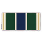 Signature Stripe Christmas table runner in navy, green and burgundy, folded on white, showing broad stripes