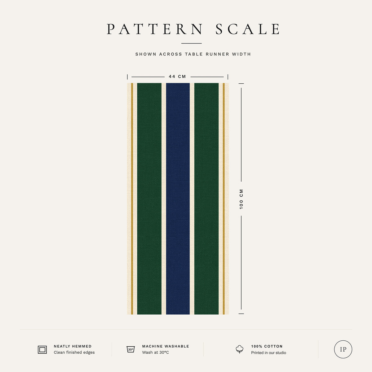 Pattern scale of the Signature Stripe table runner in navy, green and burgundy across its 44 cm width, with care notes