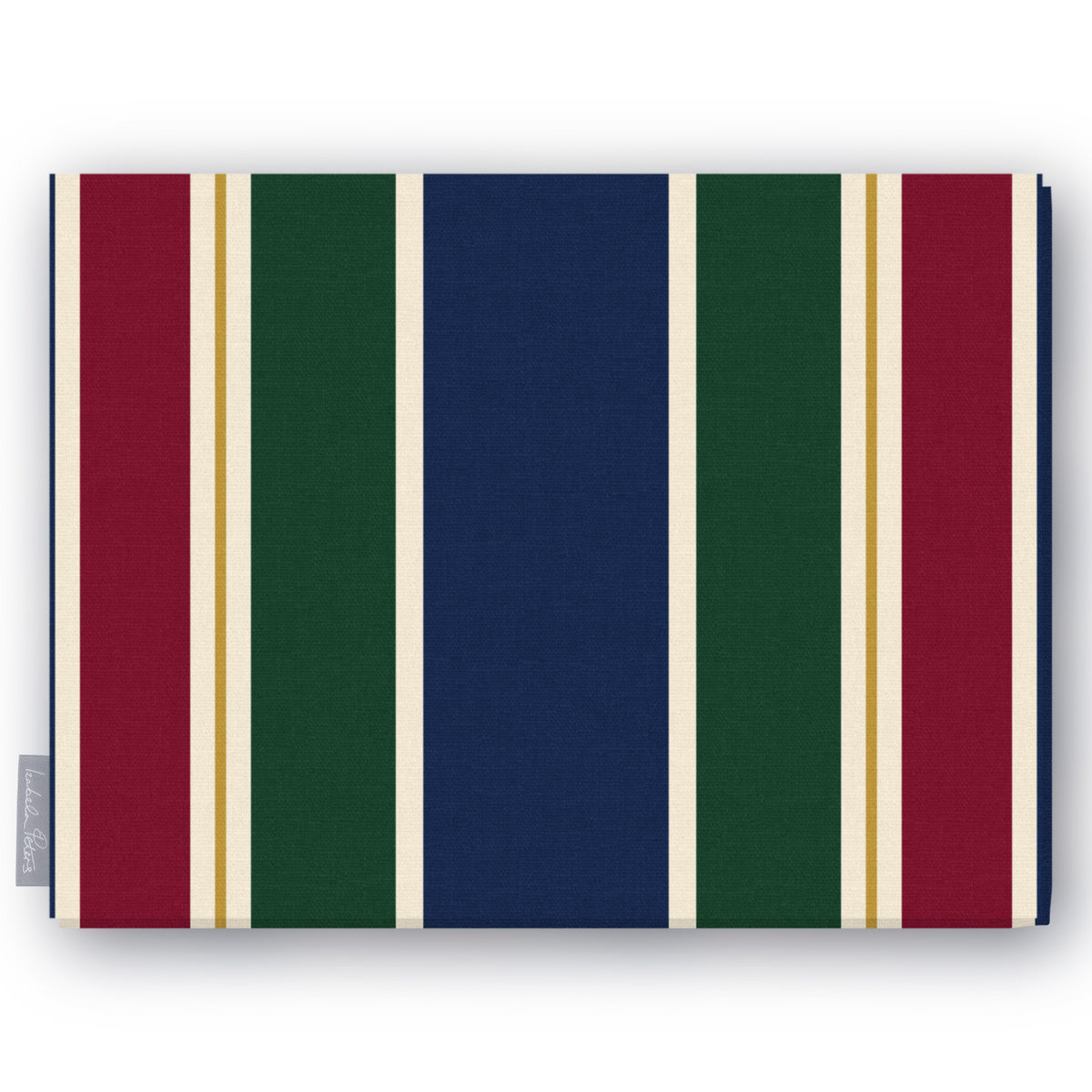 Signature Stripe Christmas tablecloth in navy, green and burgundy, folded on white, showing broad stripes